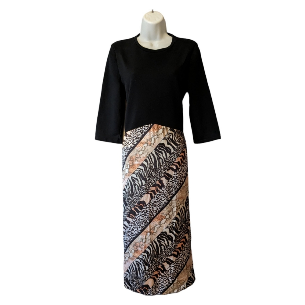 Zara Satin Animal Patch Print Midi Dress Black Brown 3/4 Sleeves A-line Sz M - Picture 2 of 10